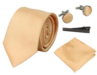 Conjunto de regalo de corbata dorada de seda satinada con pañuelo de bolsillo, gemelos y corbata de satén brillante.