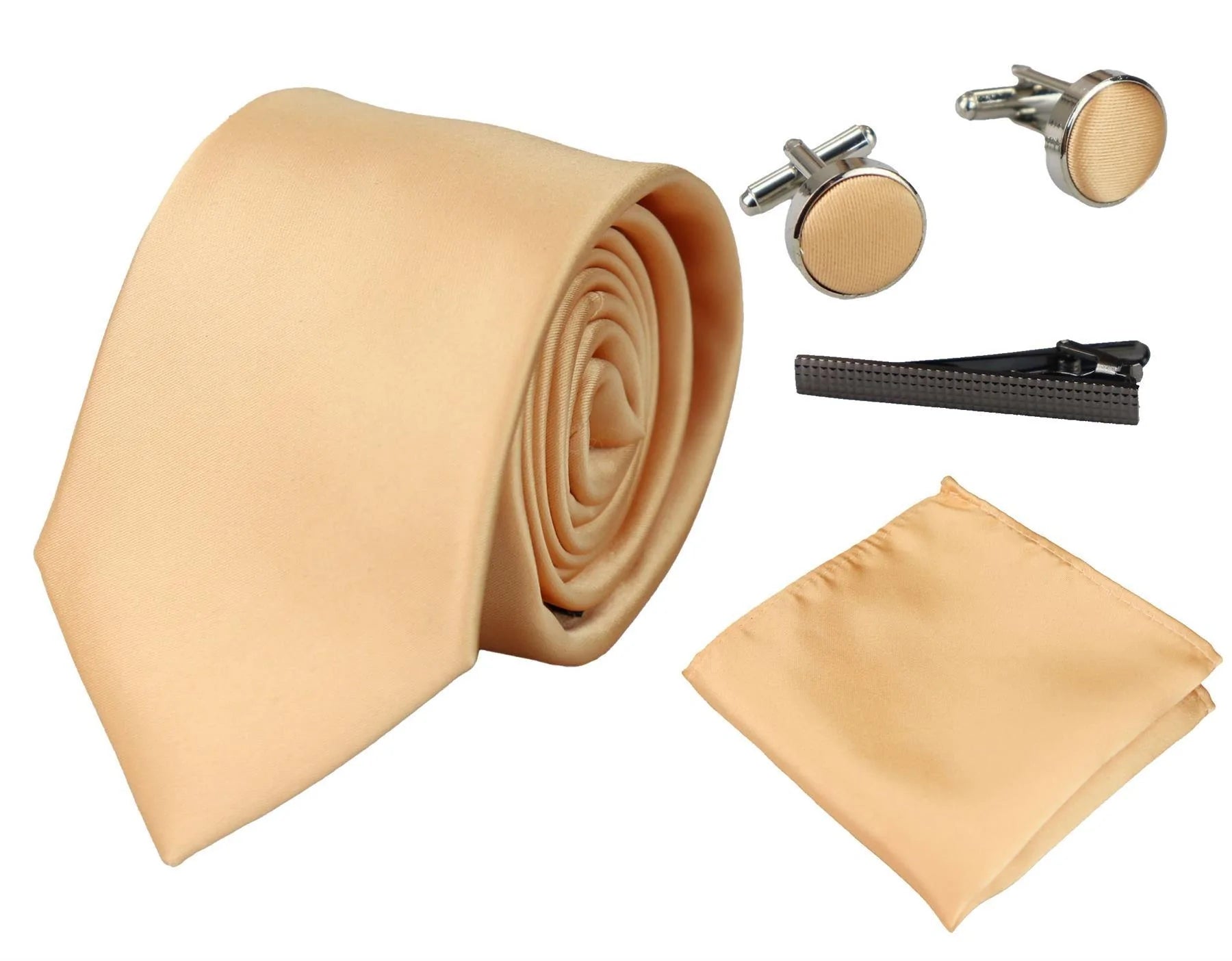 Conjunto de regalo de corbata dorada de seda satinada con pañuelo de bolsillo, gemelos y corbata de satén brillante.