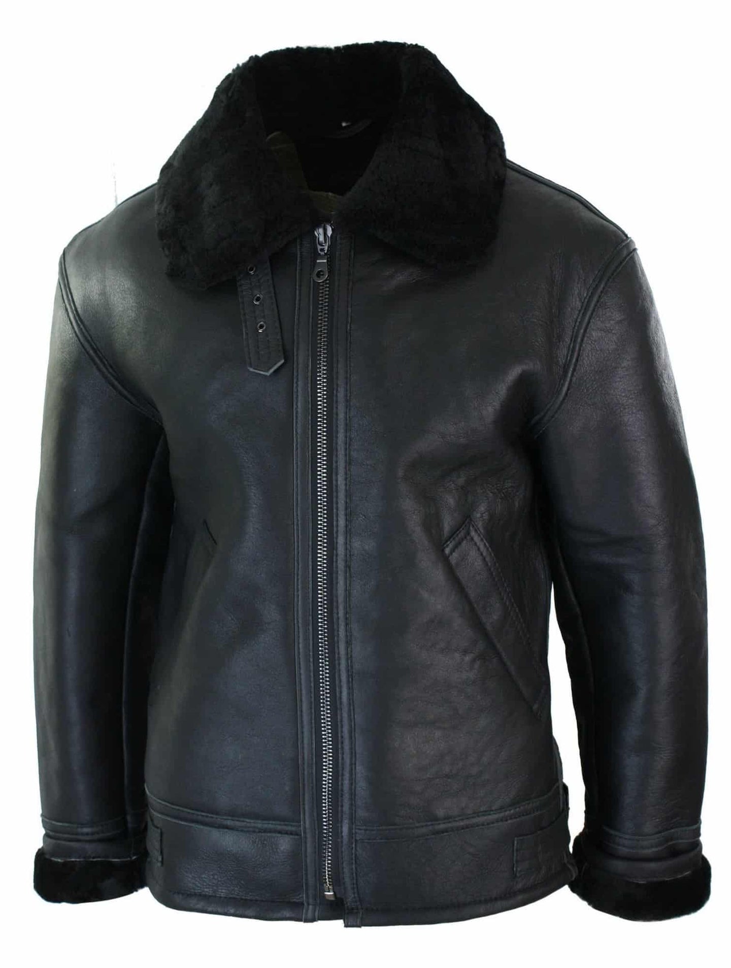 Chaqueta de piloto B3 original de piel de oveja Sherling para hombre, cálida para invierno - B3 Negro