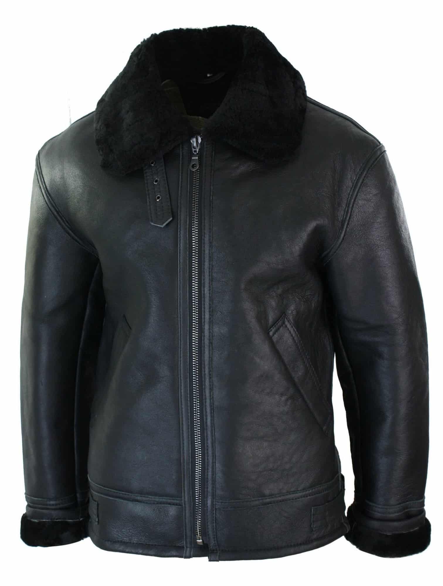 Chaqueta de piloto B3 original de piel de oveja Sherling para hombre, cálida para invierno - B3 Negro