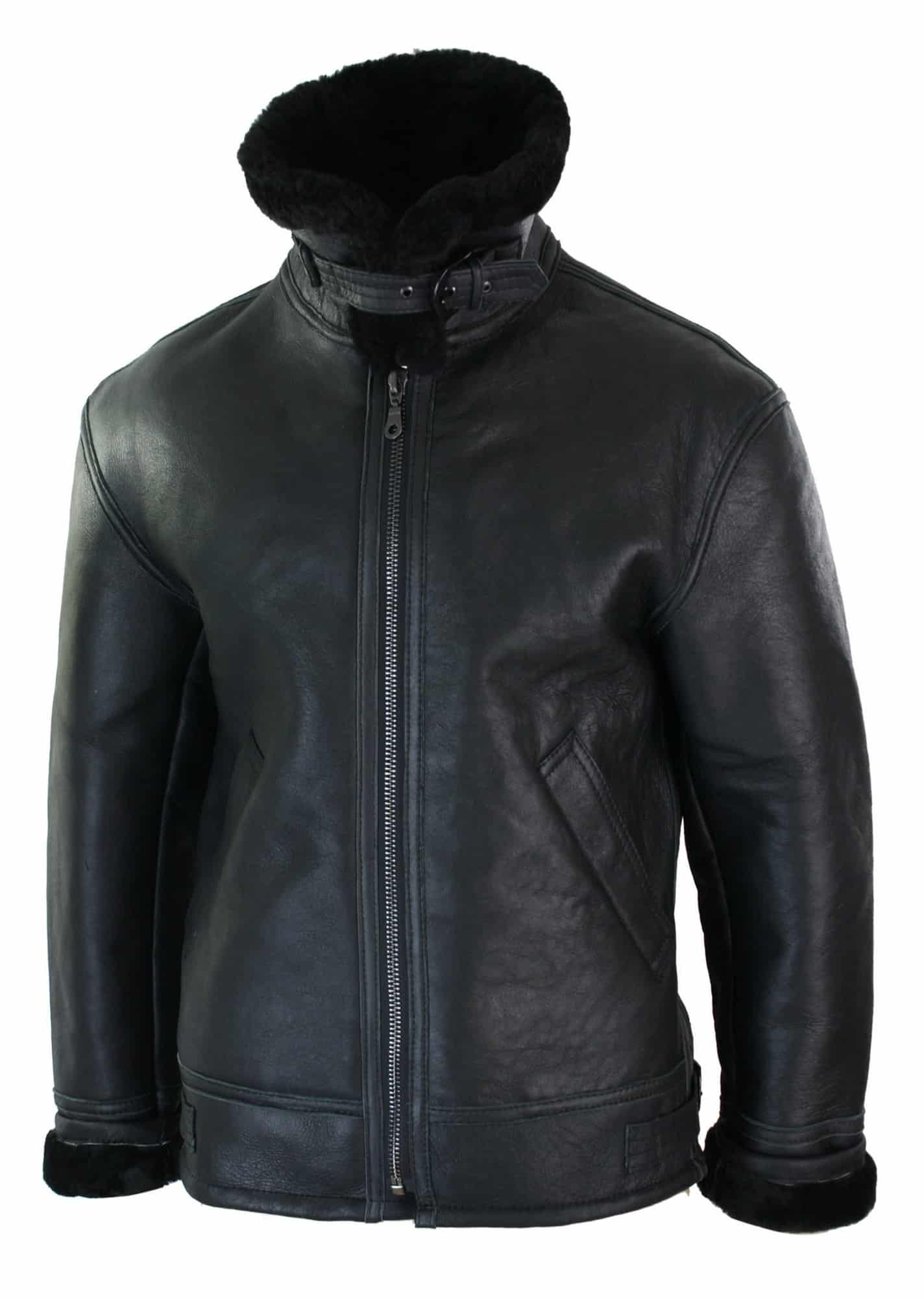 Chaqueta de piloto B3 original de piel de oveja Sherling para hombre, cálida para invierno - B3 Negro