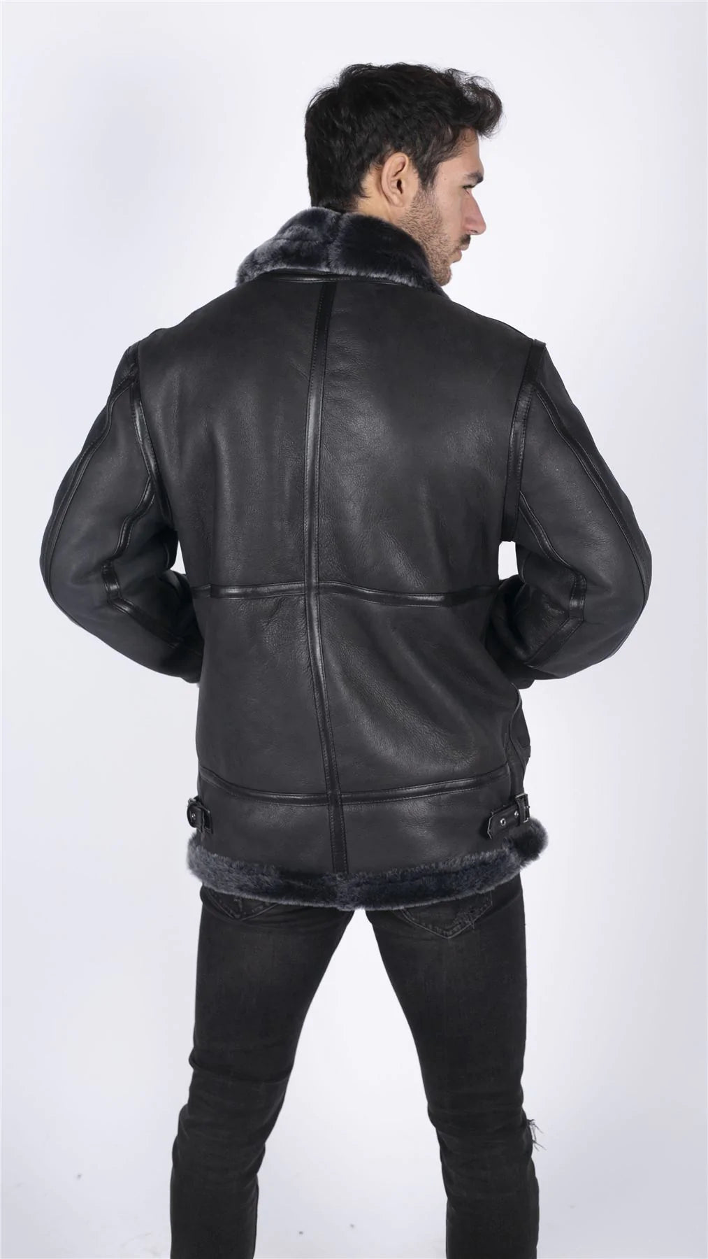 Chaqueta de aviador B3 de piel de oveja auténtica para hombre, color negro y gris.