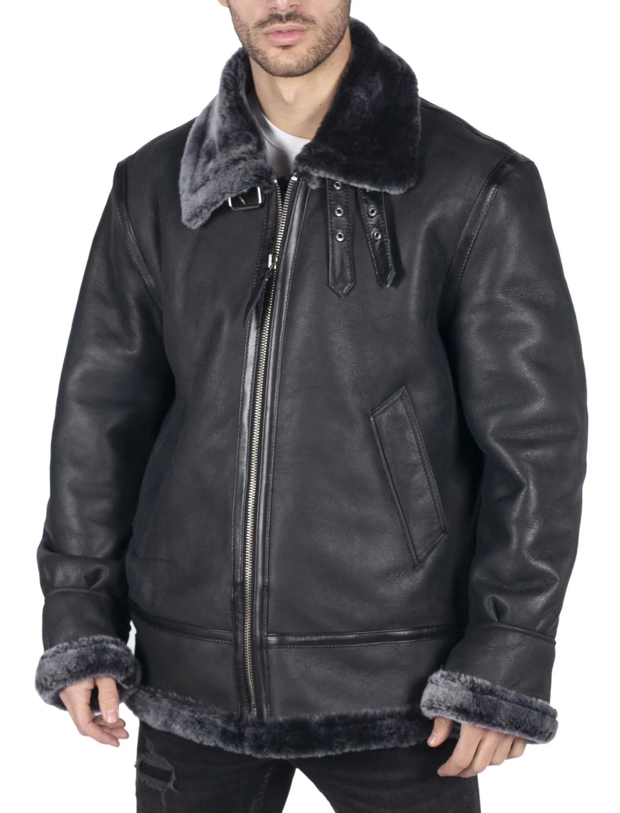 Chaqueta de aviador B3 de piel de oveja auténtica para hombre, color negro y gris.