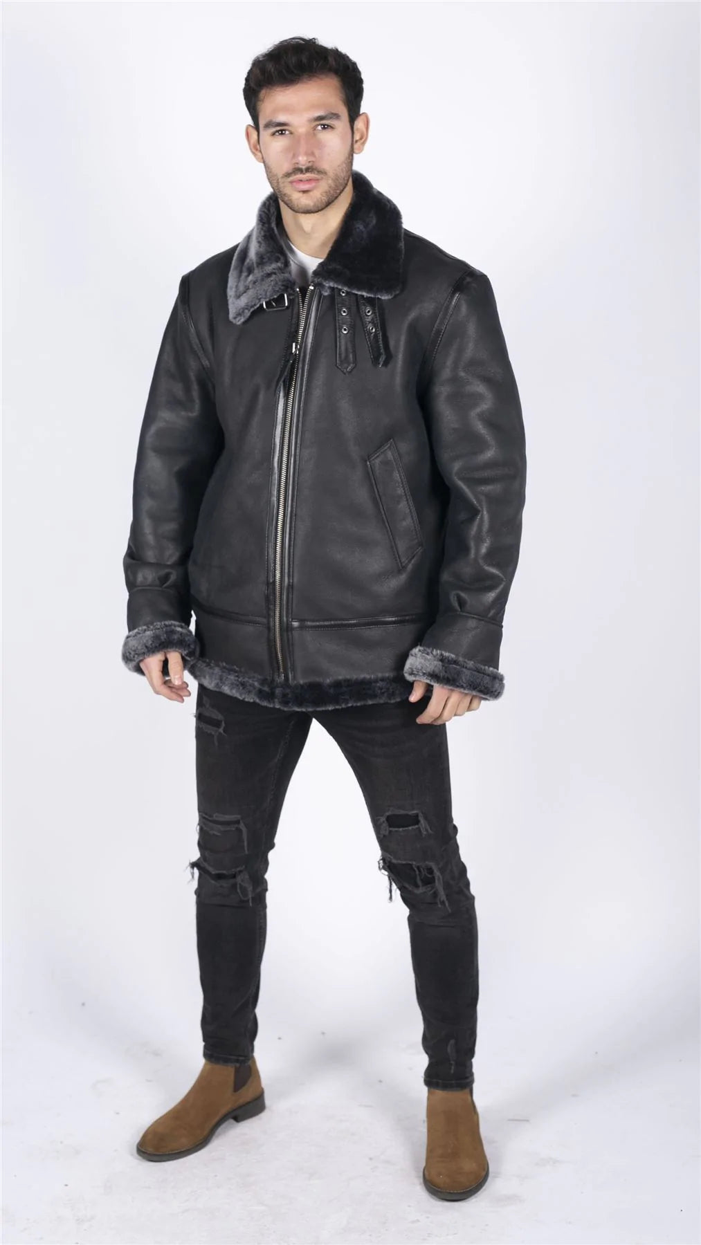Chaqueta de aviador B3 de piel de oveja auténtica para hombre, color negro y gris.