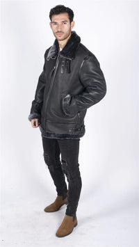 Chaqueta de aviador B3 de piel de oveja auténtica para hombre, color negro y gris.
