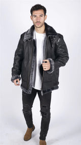 Chaqueta de aviador B3 de piel de oveja auténtica para hombre, color negro y gris.