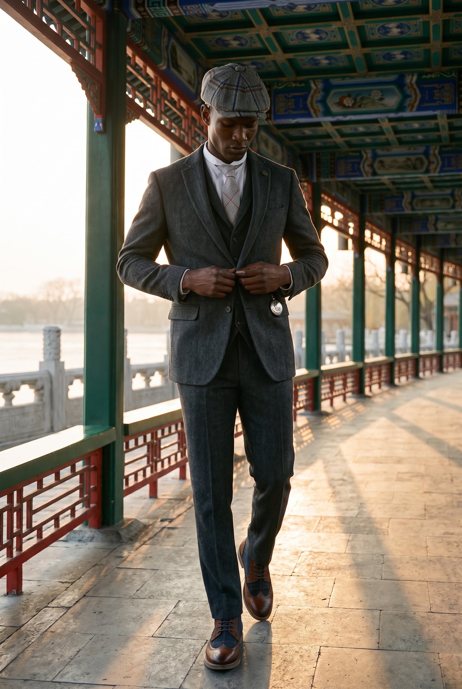 Look #881 styled with Traje de hombre de 3 piezas de tweed con estampado de espiga en color gris carbón - STZ11