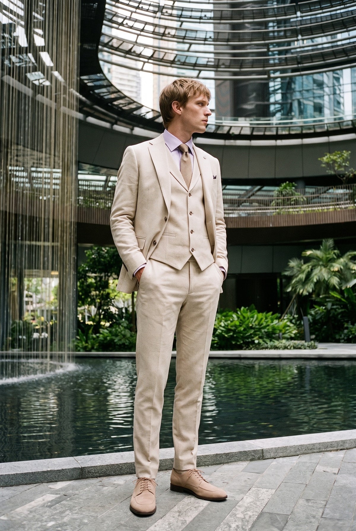 Look #948 styled with Traje de boda de verano de lino de 3 piezas para hombre TP-21, color beige.