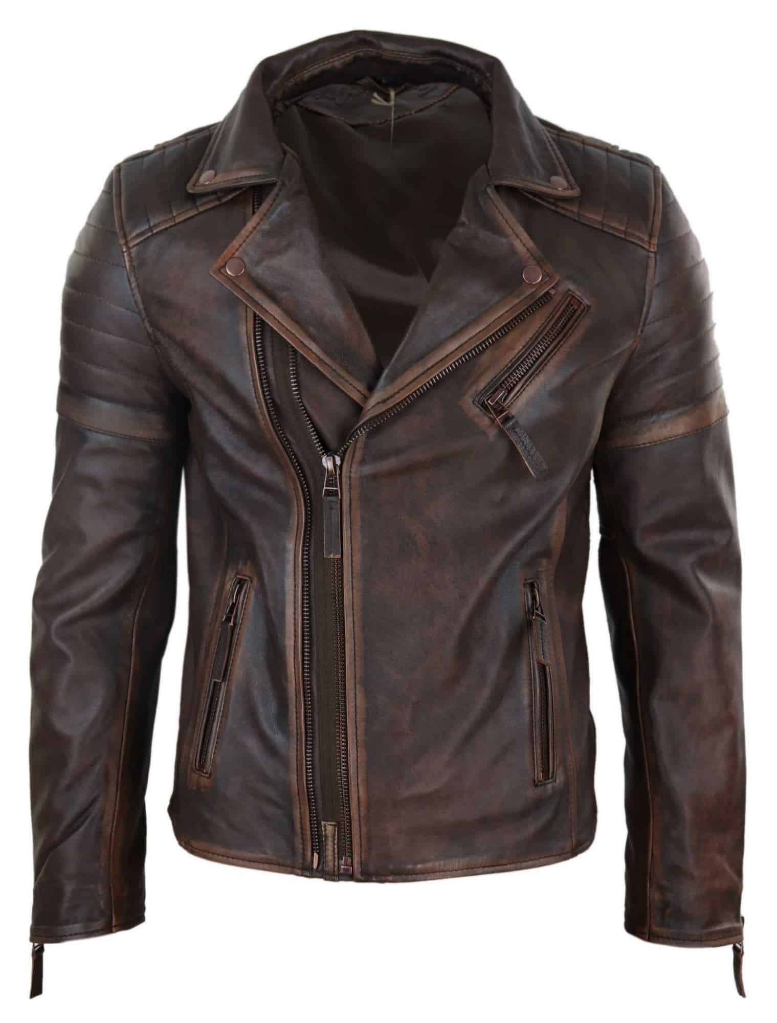 Chaqueta de cuero auténtico para hombre, corte ajustado - Marrón-Rojo