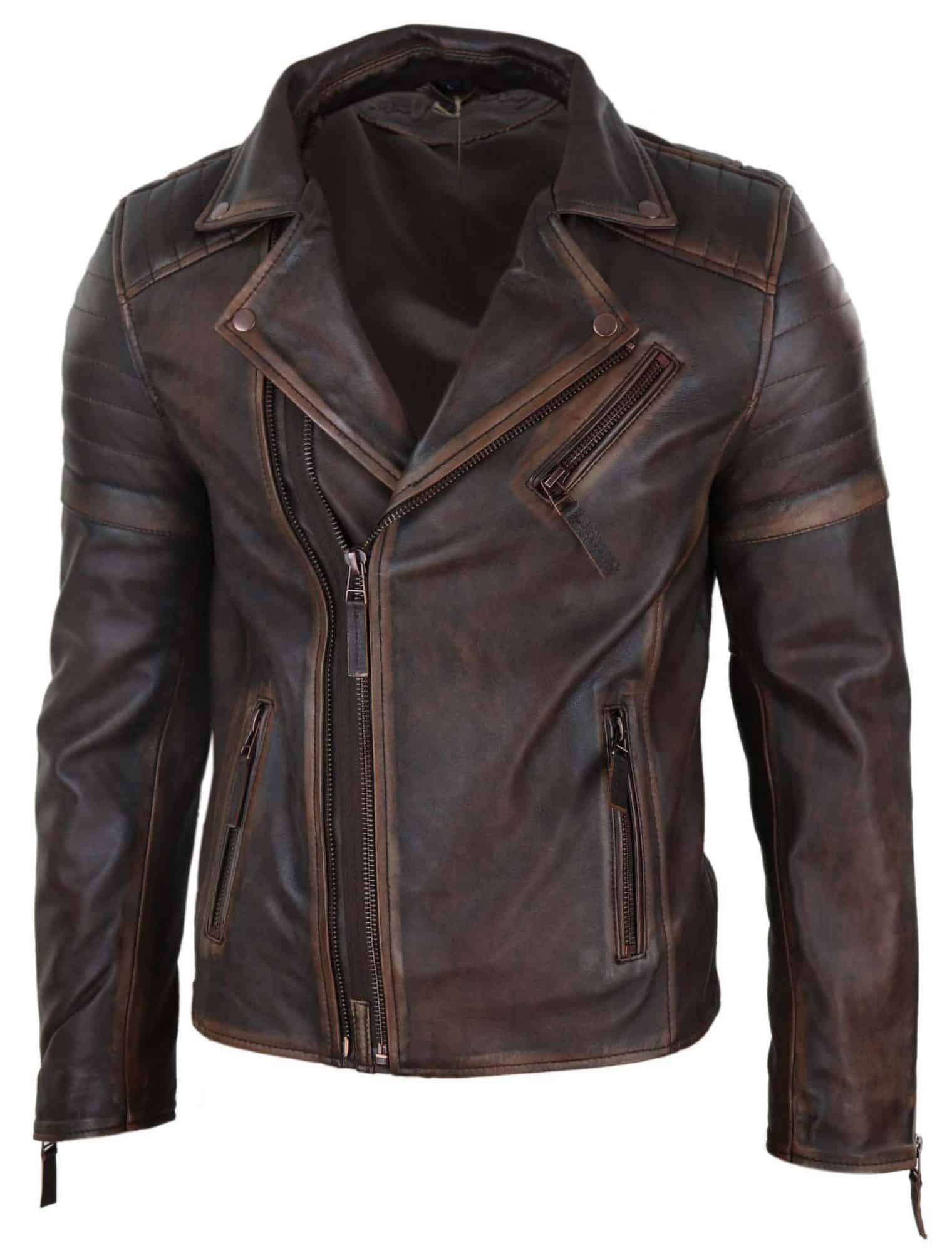 Chaqueta de cuero auténtico para hombre, corte ajustado - Marrón-Rojo