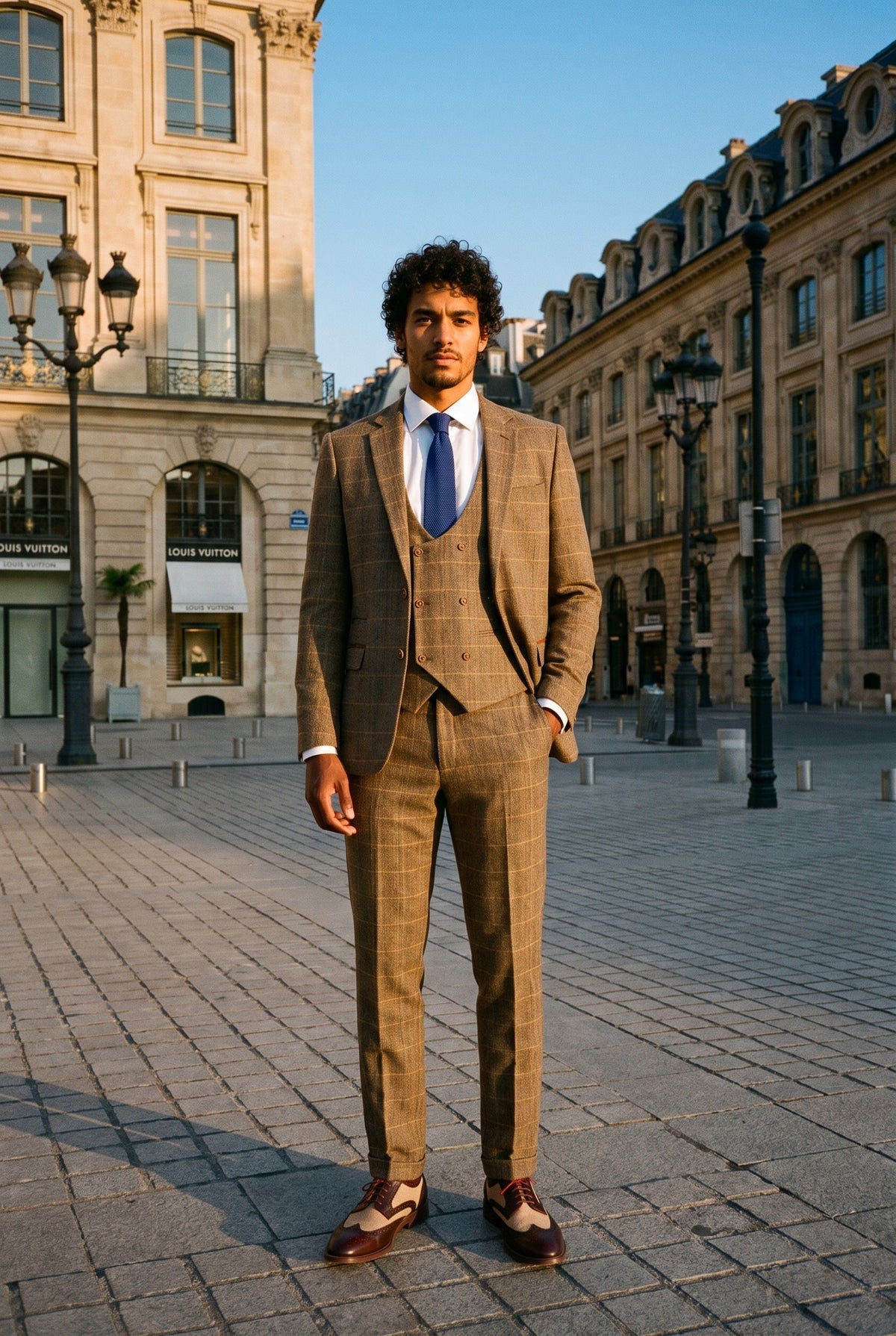 Look #983 styled with Traje de hombre de 3 piezas de tweed con estampado de espiga en tonos tostados y marrones, corte entallado, doble clásico.