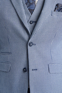 Traje de verano clásico de tres piezas para hombre de Baresi, en gris y azul marino con estampado a cuadros contrastantes.