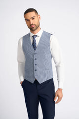 Traje de verano clásico de tres piezas para hombre de Baresi, en gris y azul marino con estampado a cuadros contrastantes.