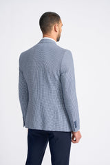 Traje de verano clásico de tres piezas para hombre de Baresi, en gris y azul marino con estampado a cuadros contrastantes.