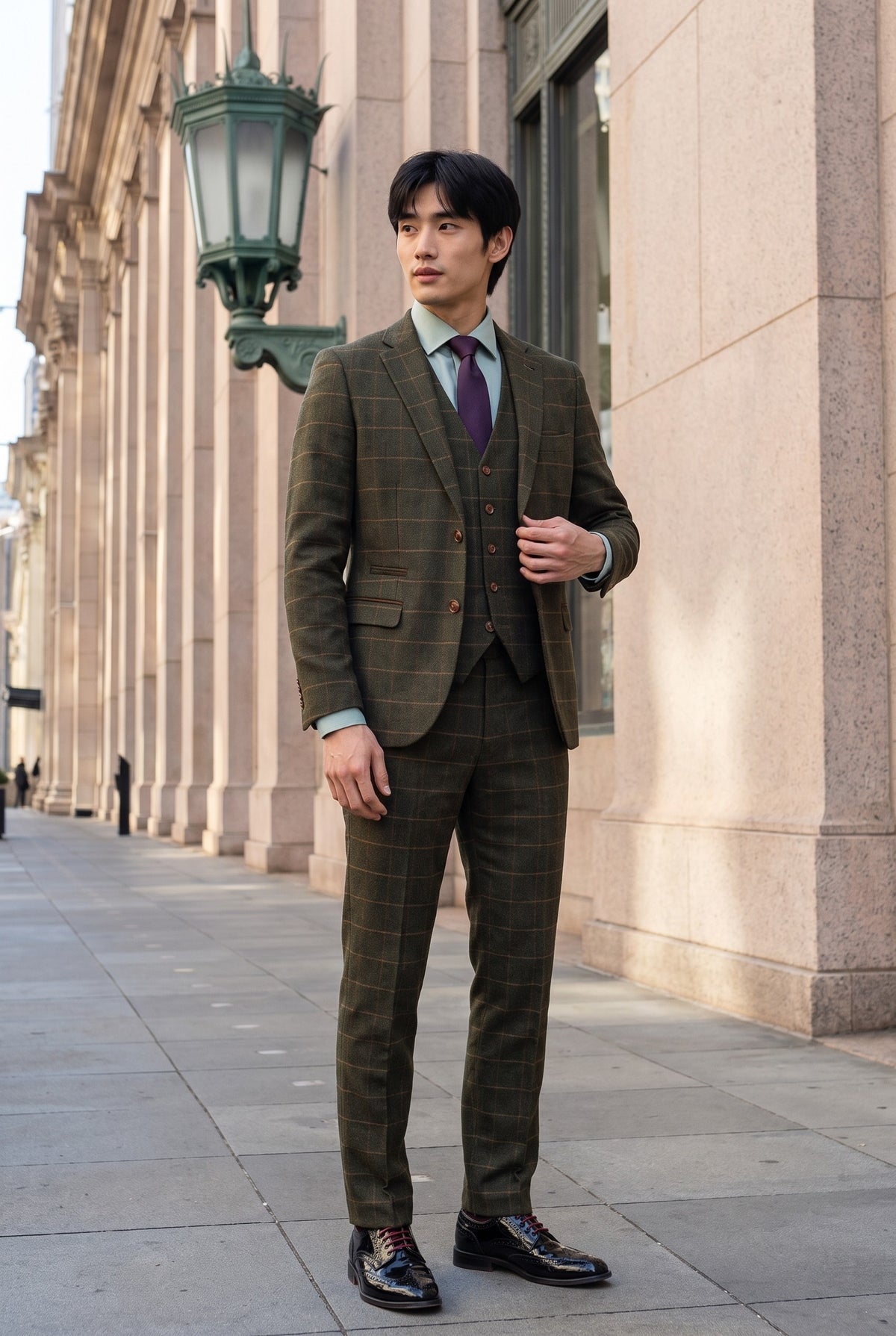 Look #509 styled with Harris - Traje de 3 piezas de tweed de mezcla de lana verde para hombre