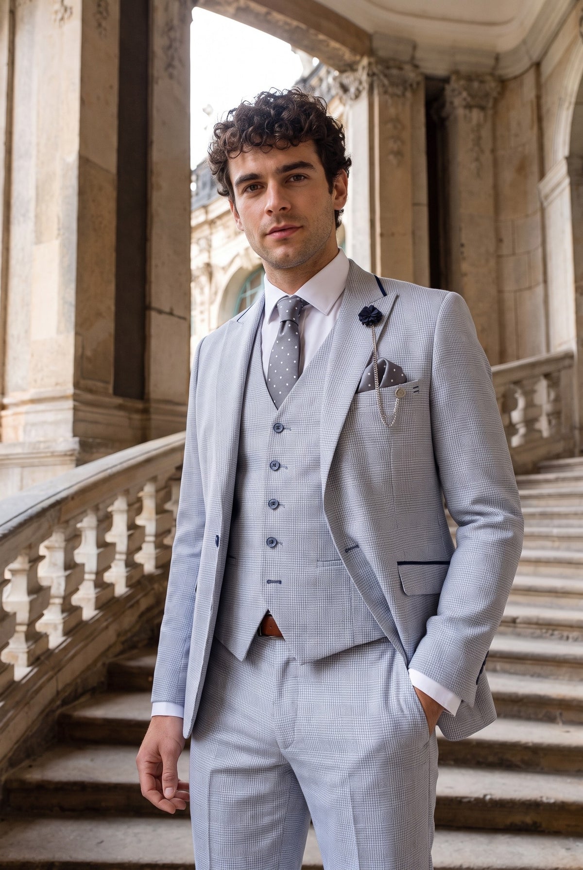 Look #950 styled with Traje de tres piezas a cuadros para hombre, tweed azul claro, corte entallado, ideal para bodas, estilo Peaky Classic.
