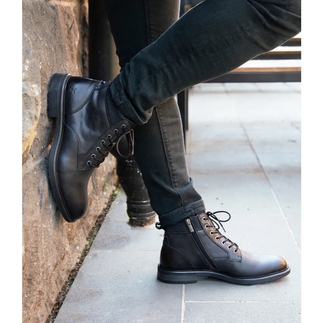 Beau - Botas Chelsea de piel negra con cordones y cremallera lateral para hombre