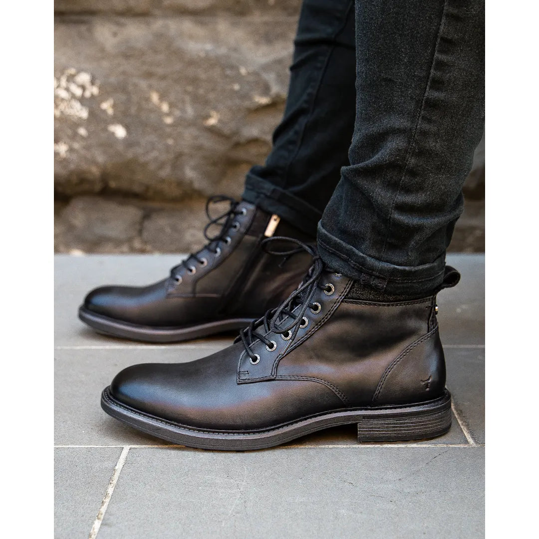 Beau - Botas Chelsea de piel negra con cordones y cremallera lateral para hombre