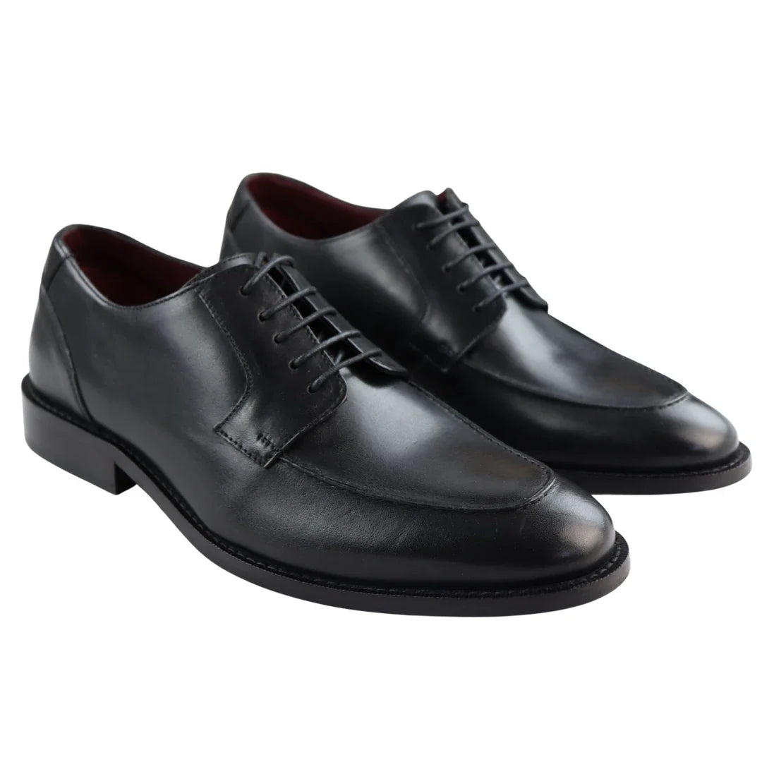 Zapatos Derby de cuero auténtico negro con ribete para hombre, estilo casual elegante, color vino clásico vintage.