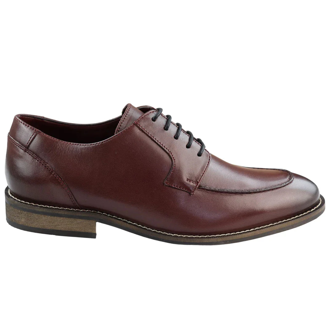 Zapatos Derby de hombre de cuero auténtico negro con ribete, estilo casual elegante, color burdeos clásico vintage.