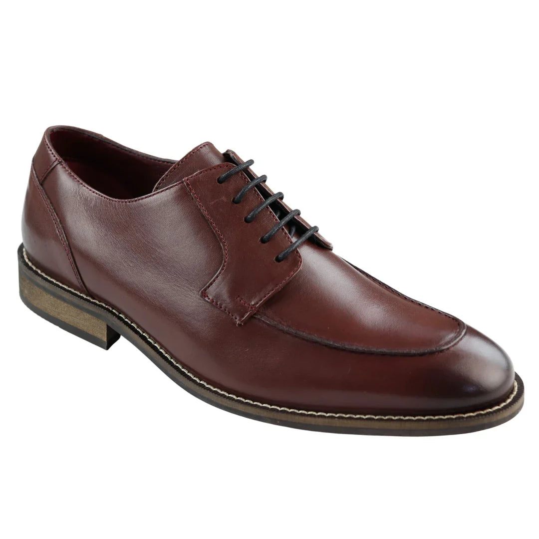 Zapatos Derby de hombre de cuero auténtico negro con ribete, estilo casual elegante, color burdeos clásico vintage.