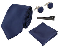 Conjunto de regalo de corbata azul marino de seda satinada con pañuelo de bolsillo, gemelos y corbata de satén brillante.