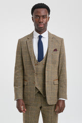 Traje de hombre de 3 piezas de tweed con estampado de espiga en tonos tostados y marrones, corte entallado, doble clásico.