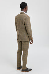 Traje de hombre de 3 piezas de tweed con estampado de espiga en tonos tostados y marrones, corte entallado, doble clásico.