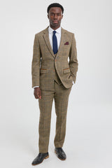 Traje de hombre de 3 piezas de tweed con estampado de espiga en tonos tostados y marrones, corte entallado, doble clásico.