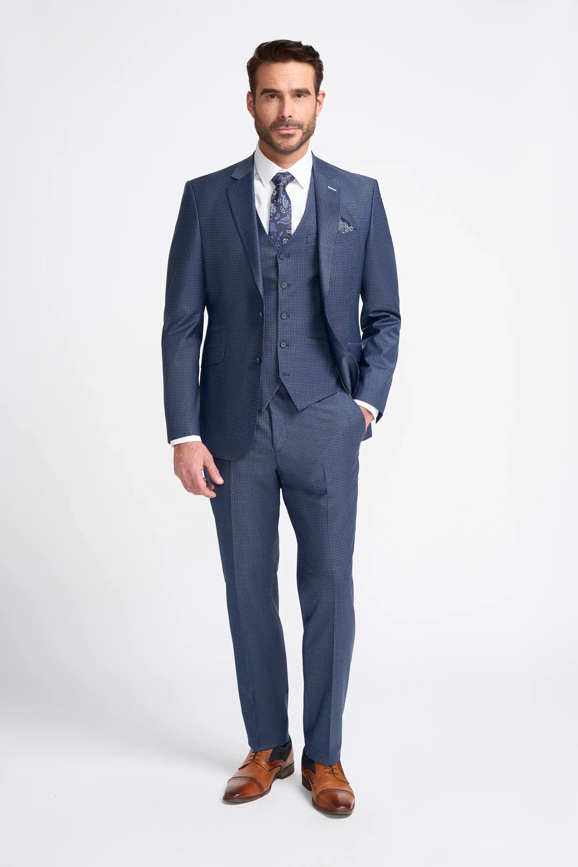 Bond - Traje de tres piezas a cuadros azul marino para hombre, corte entallado