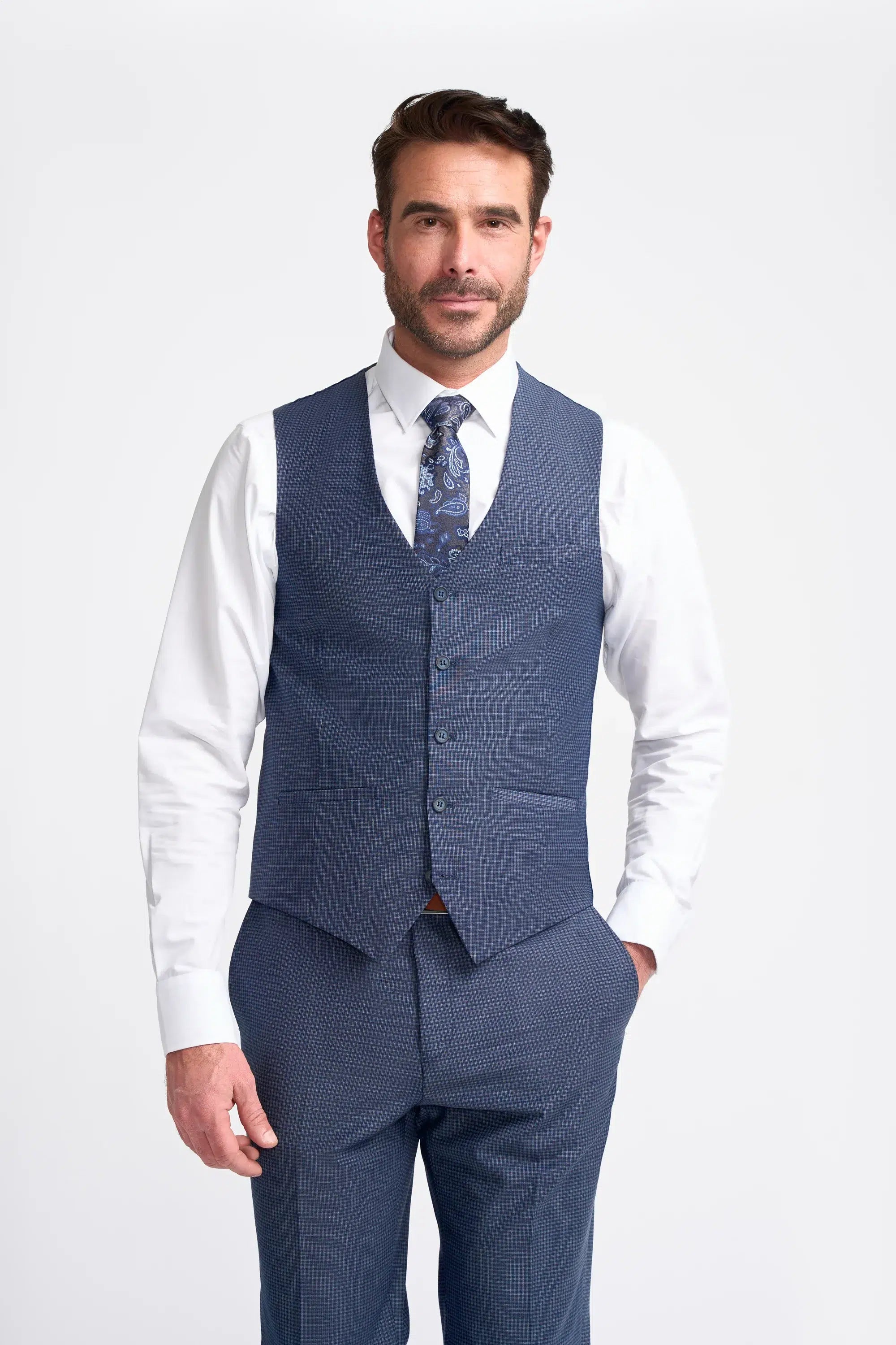 Bond - Traje de tres piezas a cuadros azul marino para hombre, corte entallado