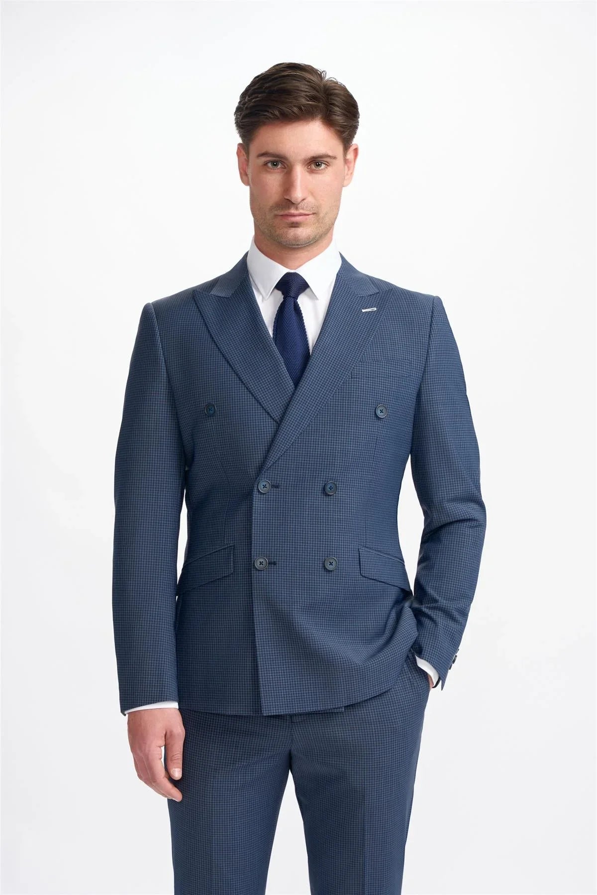 Bond - Blazer cruzado a cuadros azul marino para hombre