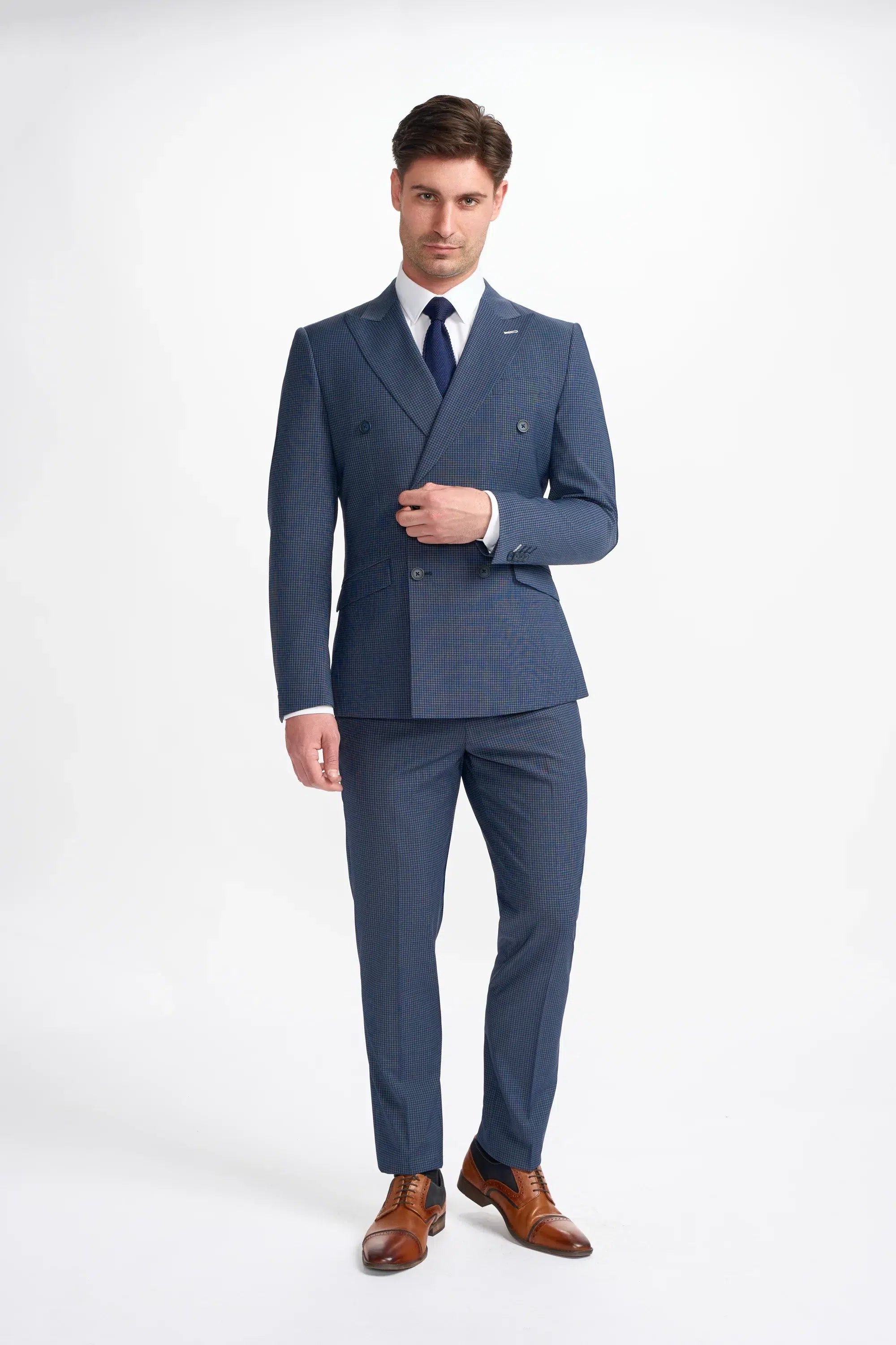 Bond - Traje de dos piezas cruzado de cuadros azul marino para hombre