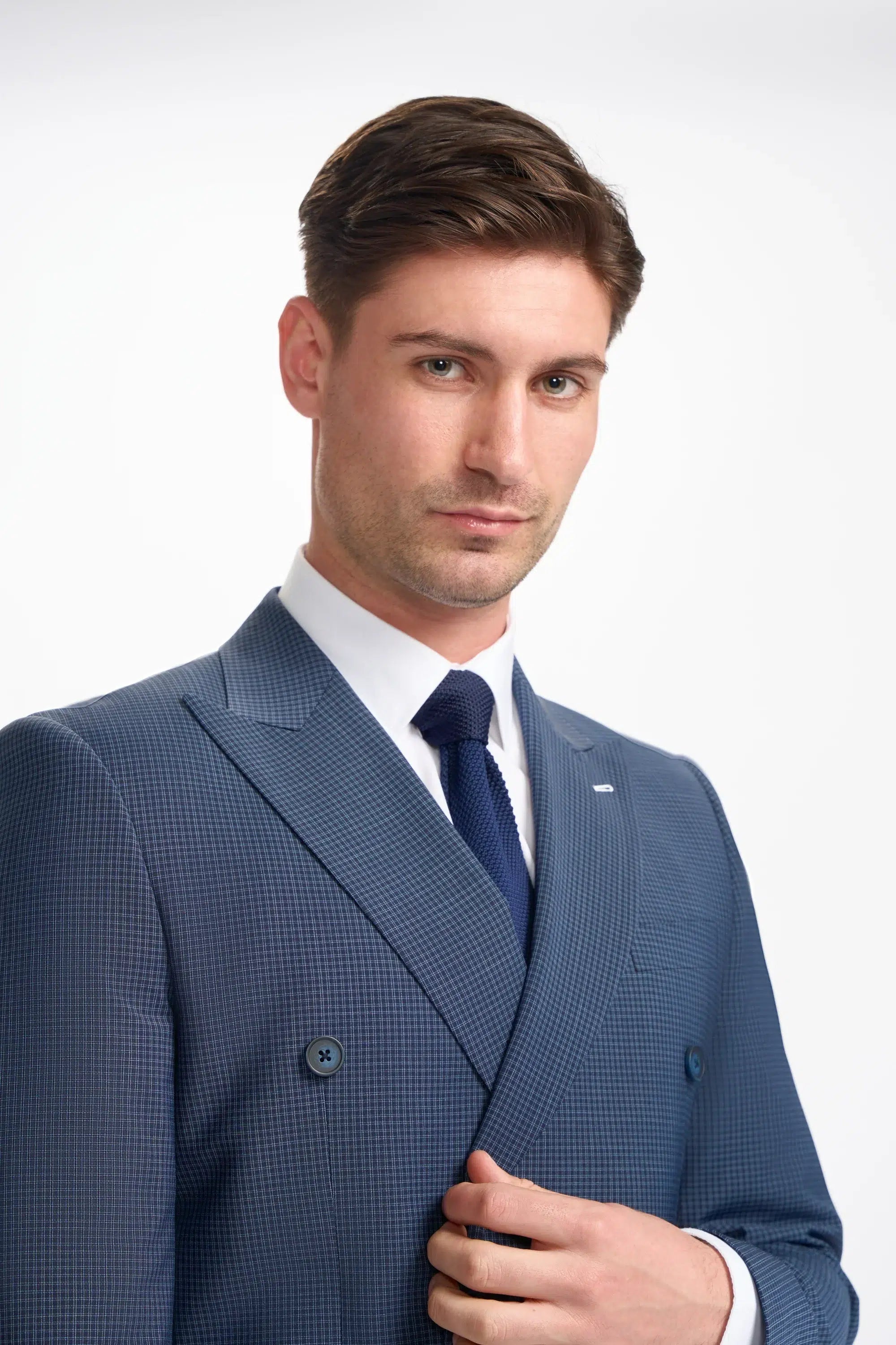 Bond - Traje de dos piezas cruzado de cuadros azul marino para hombre
