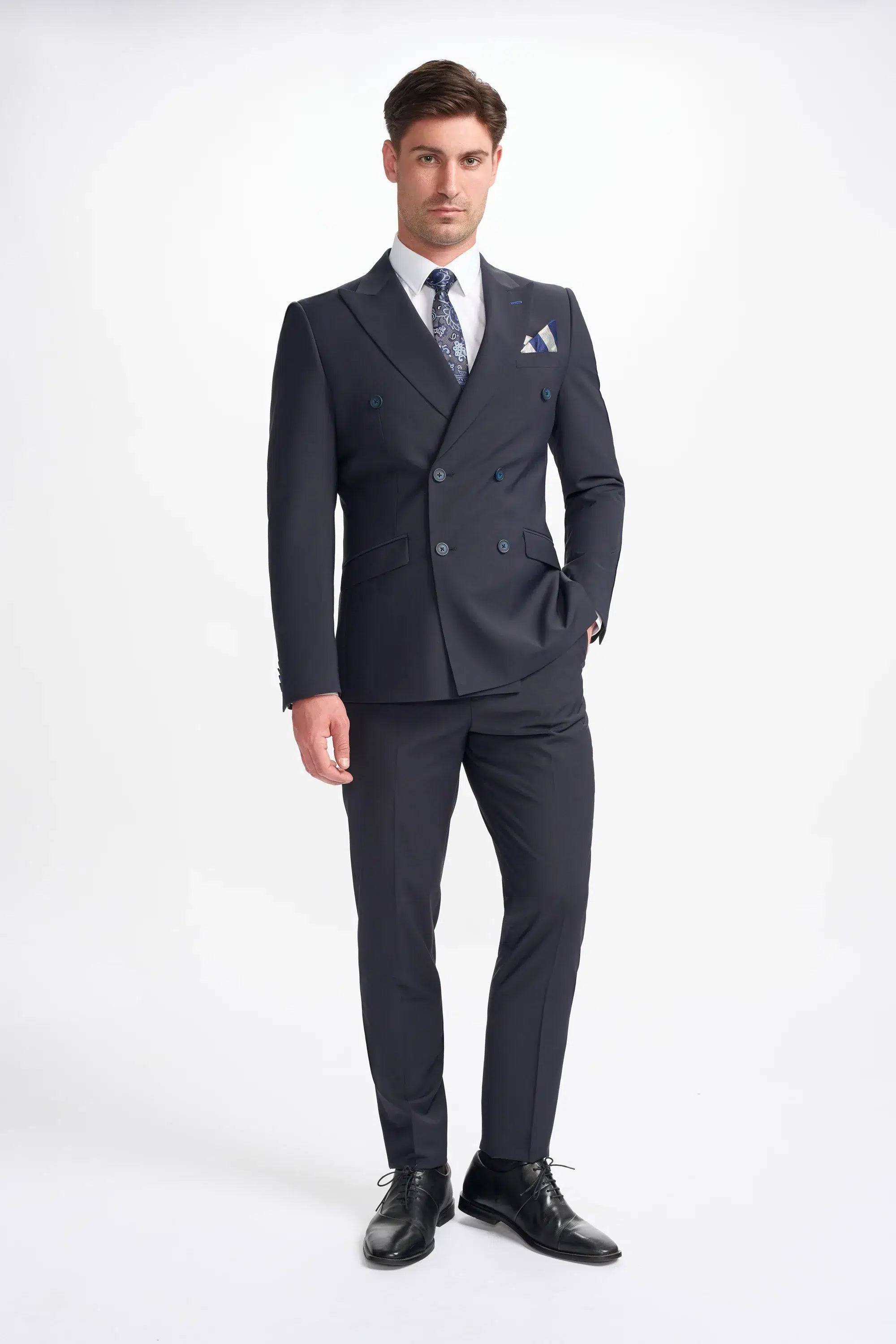 Bond - Traje cruzado de dos piezas para hombre, color azul marino oscuro
