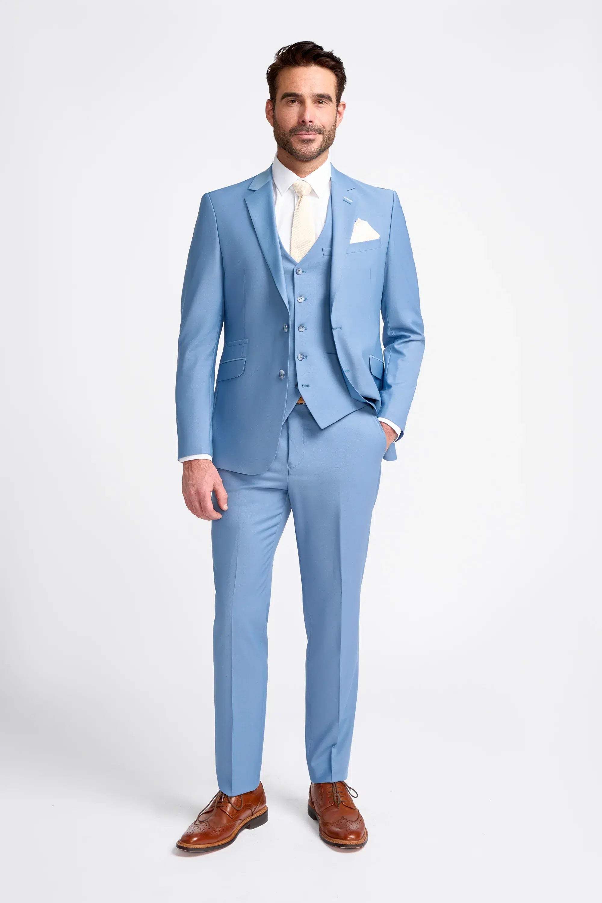 Bond - Traje de tres piezas azul cielo para hombre, corte entallado