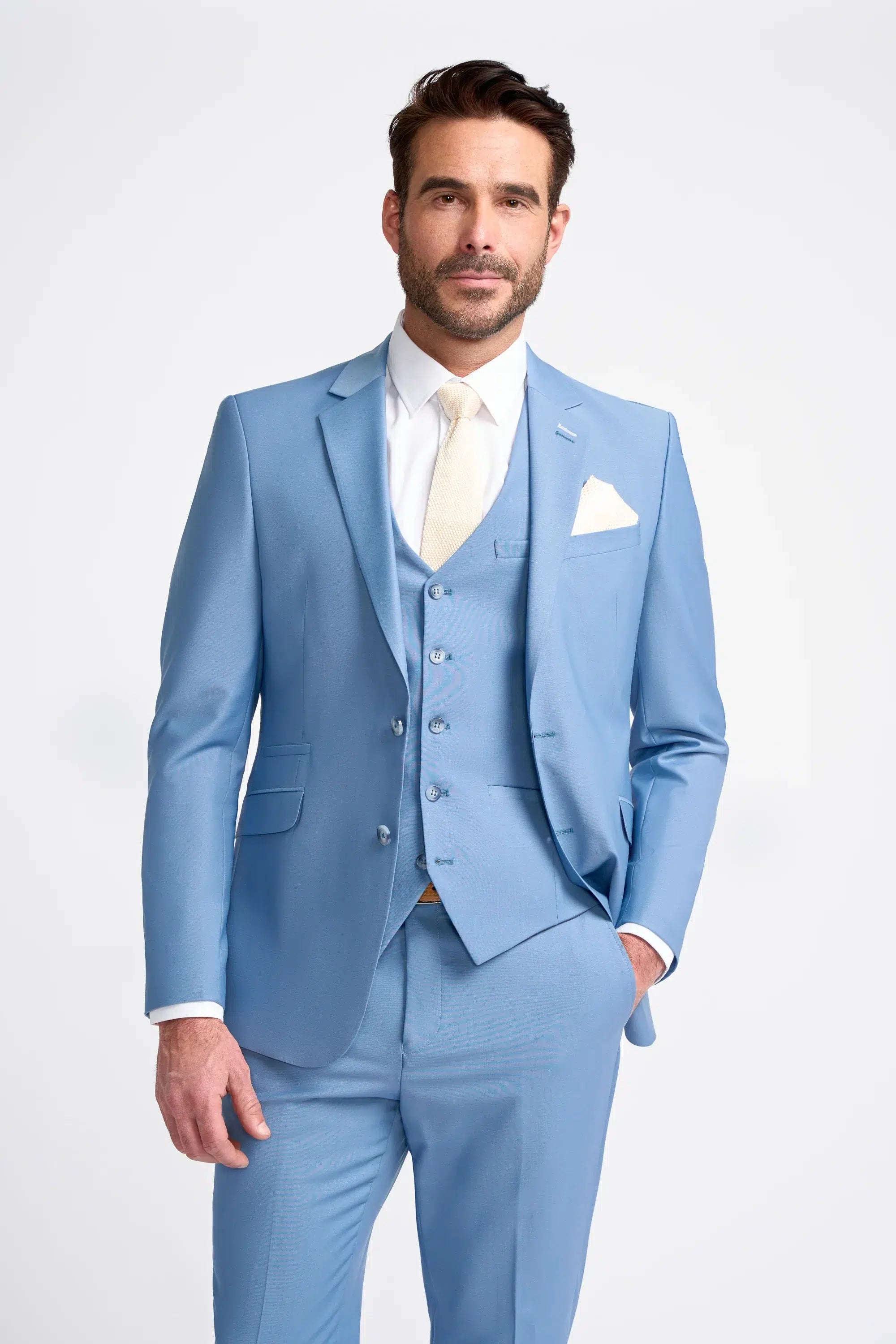 Bond - Traje de tres piezas azul cielo para hombre, corte entallado