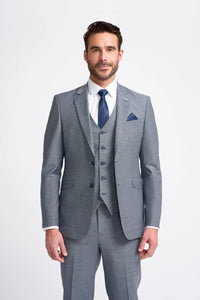 Traje Bond de tres piezas gris para hombre, corte entallado.