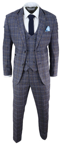 Traje de tres piezas para hombre de tweed azul a cuadros