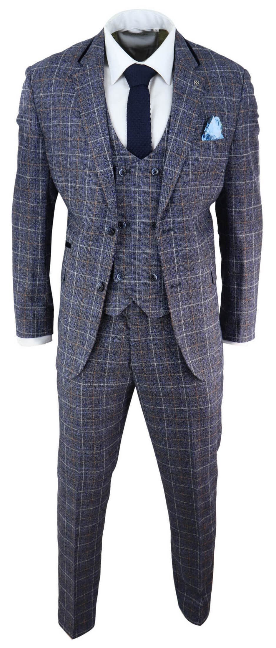 Traje de tres piezas para hombre de tweed azul a cuadros