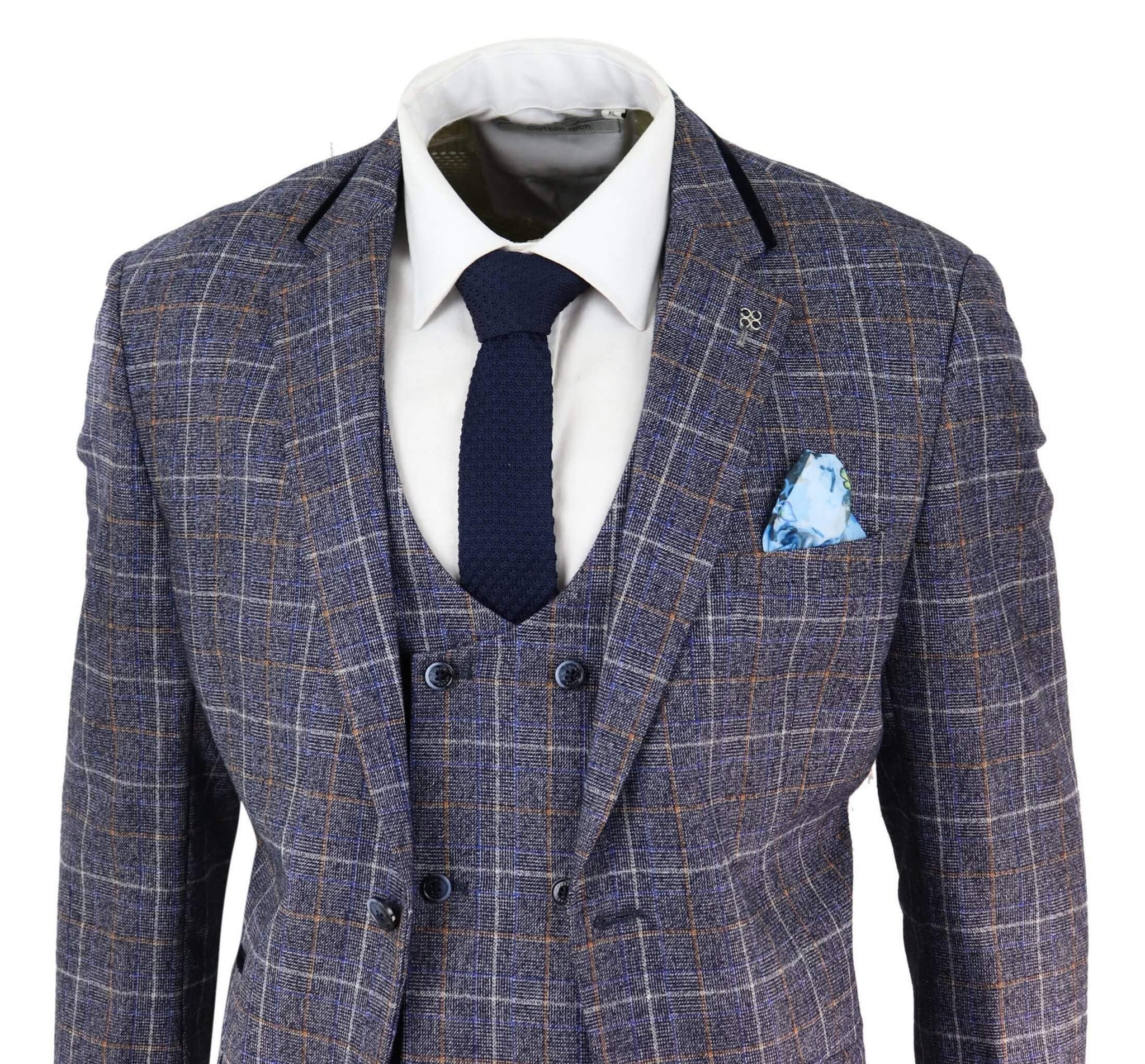 Traje de tres piezas para hombre de tweed azul a cuadros