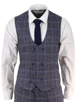 Traje de tres piezas para hombre de tweed azul a cuadros