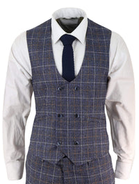 Traje de tres piezas para hombre de tweed azul a cuadros
