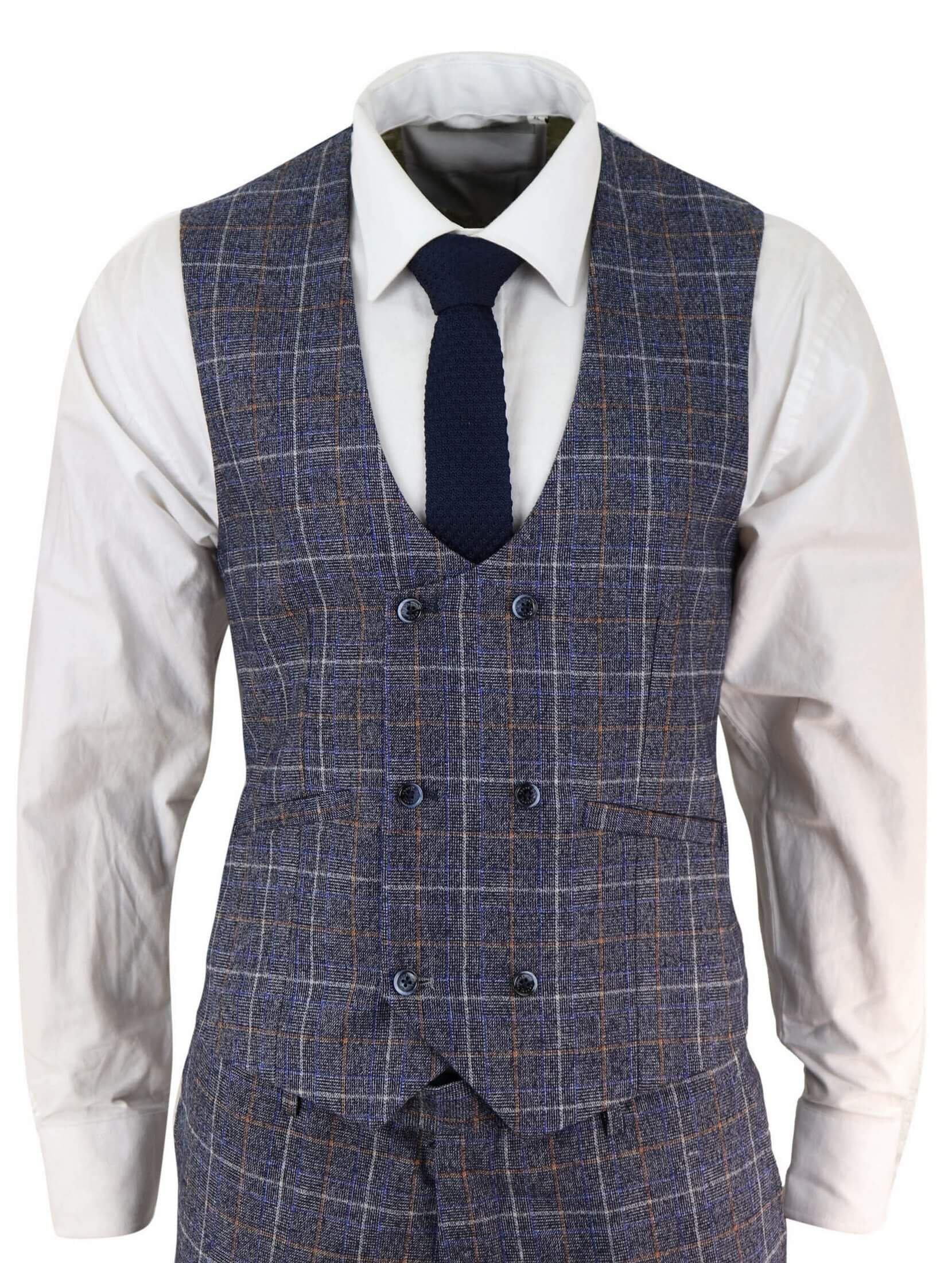 Traje de tres piezas para hombre de tweed azul a cuadros