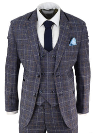 Traje de tres piezas para hombre de tweed azul a cuadros