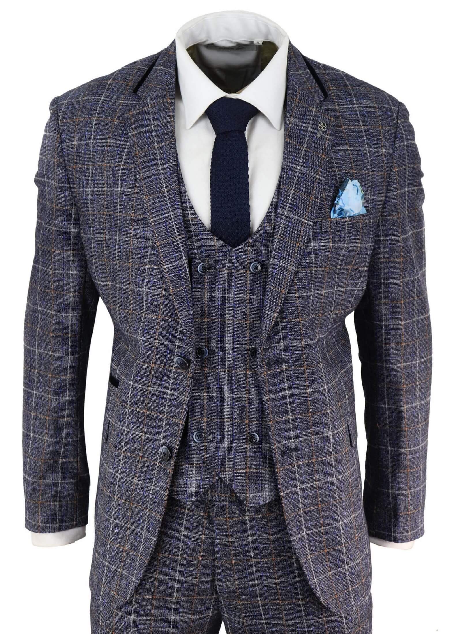 Traje de tres piezas para hombre de tweed azul a cuadros