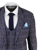Traje de tres piezas para hombre de tweed azul a cuadros