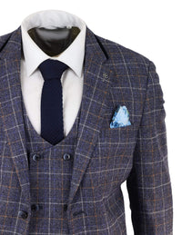 Traje de tres piezas para hombre de tweed azul a cuadros