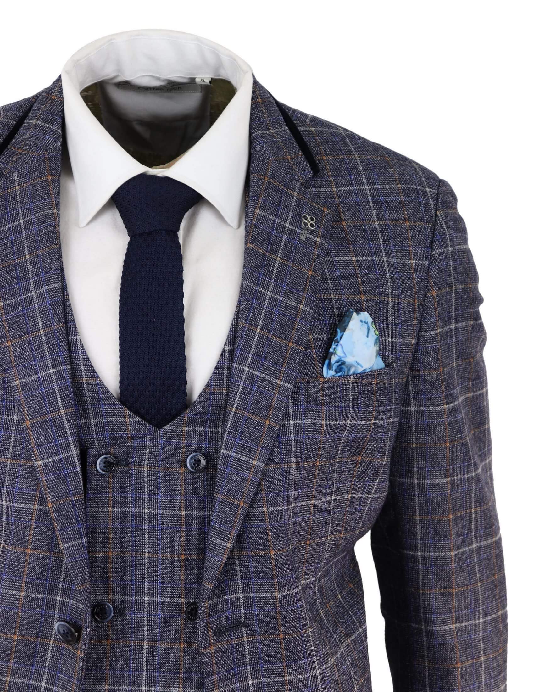 Traje de tres piezas para hombre de tweed azul a cuadros