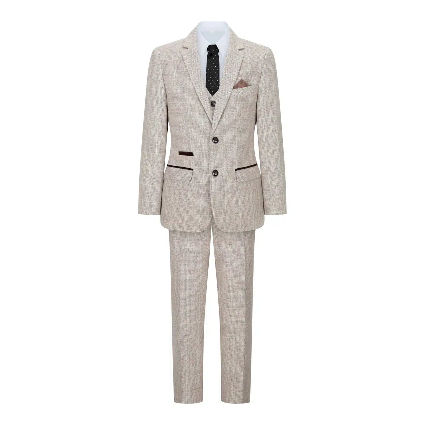 Traje de tres piezas de tweed a cuadros beige y marrón para niño, ideal para bodas, estilo vintage retro clásico.